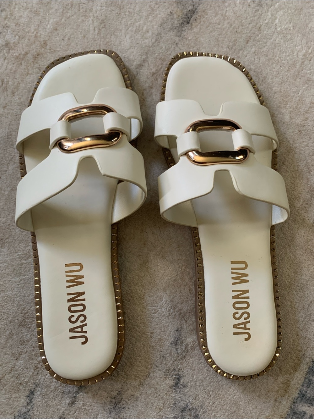 Jason Wu White Slide Sandals with Gold Buckle and Studs